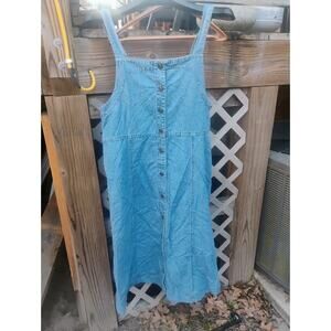 Vintage 90s Light Wash Denim Midi Overall Dress Button Front Sleeveless Size 12